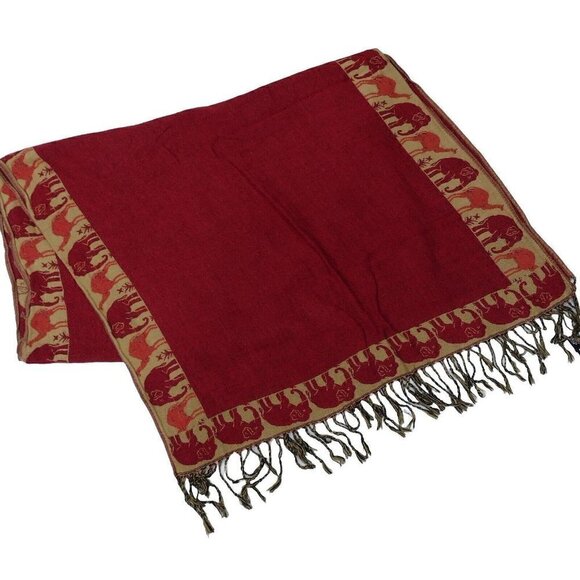 Womens 100% Cashmere Pashmina Wrap Elephant Border Fringe Tan Red Afghanistan - Picture 1 of 9